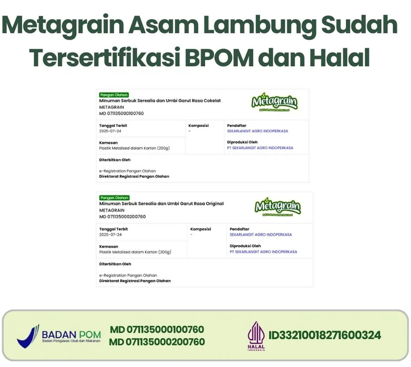 Data registrasi BPOM dan sertifikat halal Metagrain